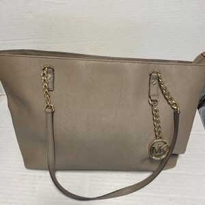 Michael Kors Saffiano Leather Medium Zip Top Beige Tote Shoulder Bag